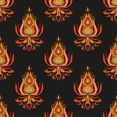 Turuncu el çekilmiş oryantal seamless modeli bordo arka plan üzerinde