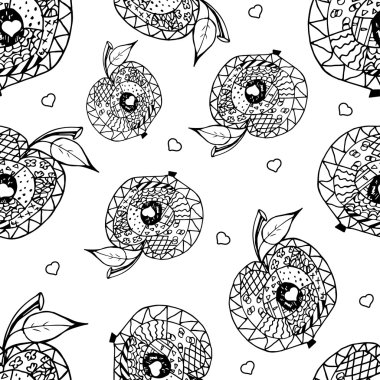 Zentangle apple siyah beyaz anahat, seamless modeli.