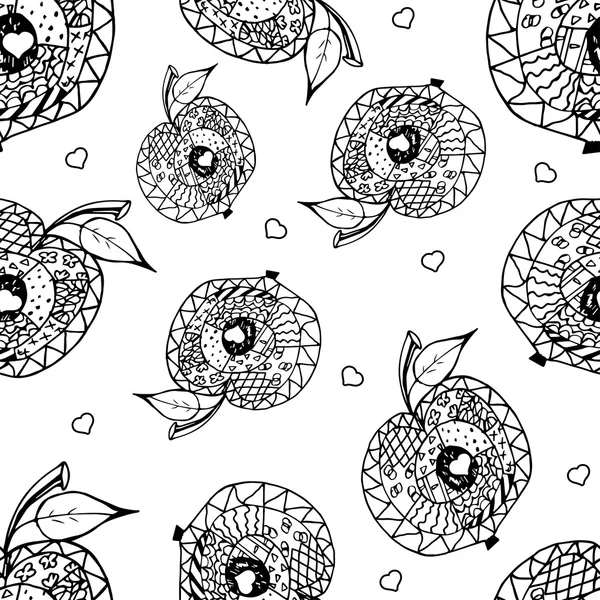 Zentangle manzana contorno blanco y negro, patrón sin costuras . — Archivo Imágenes Vectoriales