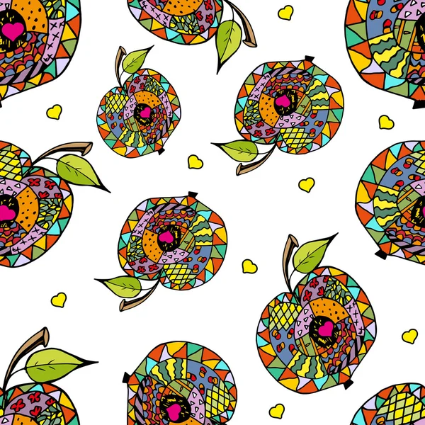 Zentangle pomme colorée sur fond blanc, motif sans couture — Image vectorielle