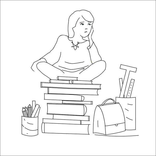 Hand Drawn Cartoon Student Sitting on Books — Stock Vector