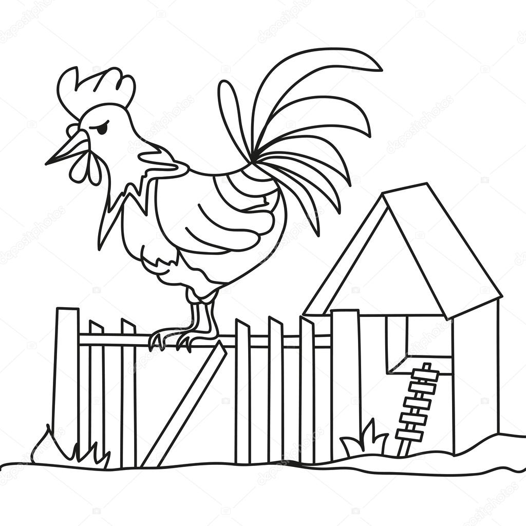 Gallo che si siede sulla rete fissa contorni disegnati a mano Gallo che si siede sulla rete fissa contorni disegnati a mano Illustrazione di vettore perfetto per bambini libro e libro da colorare — Vettoriali di