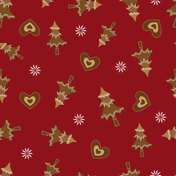 Gingerbread Christmas vector seamless pattern on maroon backgrou — Stock Vector