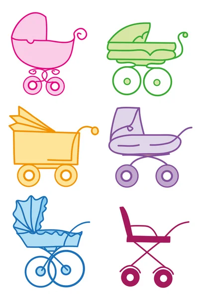 Chariots de bébé colorés dessinés à la main — Image vectorielle