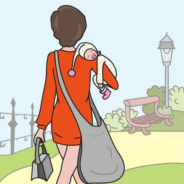 Ручная рисованная мать с ребенком на руках
