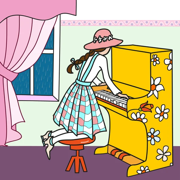 Ragazza disegnata a mano in cappello, suonare il pianoforte giallo — Vettoriale Stock