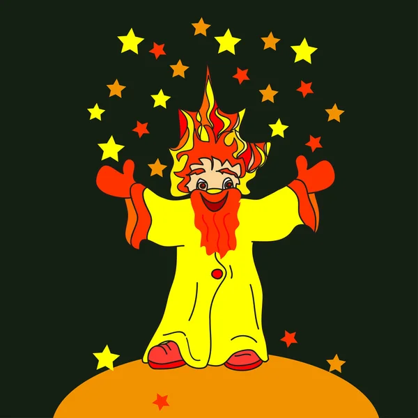 Pohádkové ohnivý mužíček žongluje hvězdy, vektorové ilustrace — Stockový vektor