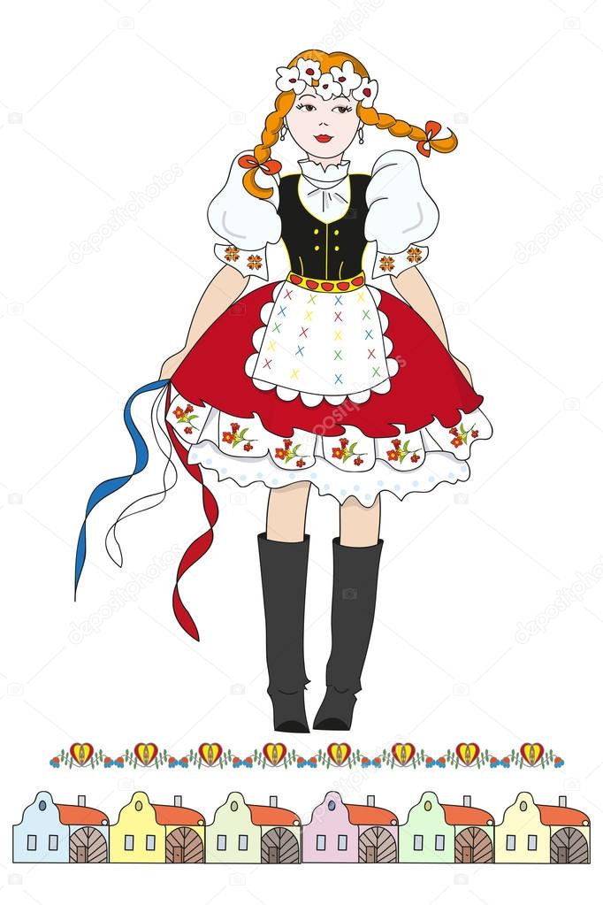 Czech girl in traditional costume and colorful village houses