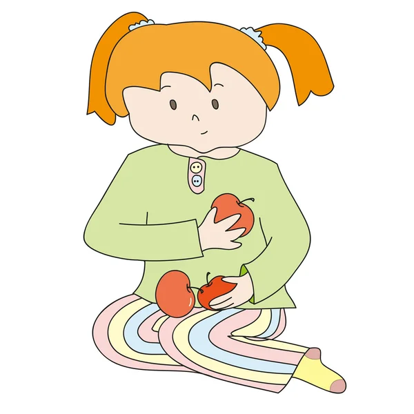 Niña pelirroja en la camisa verde con manzanas rojas — Vector de stock