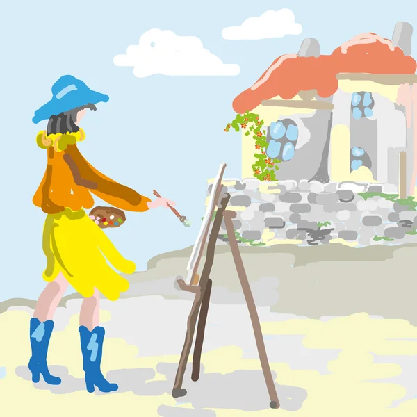 Mavi şapkalı kız eski bir ev resmi boyar. Stok Illüstrasyon