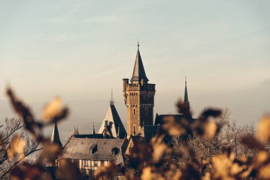 Şehir Wernigerode 'u altın gece ışığında ve arka planda şato