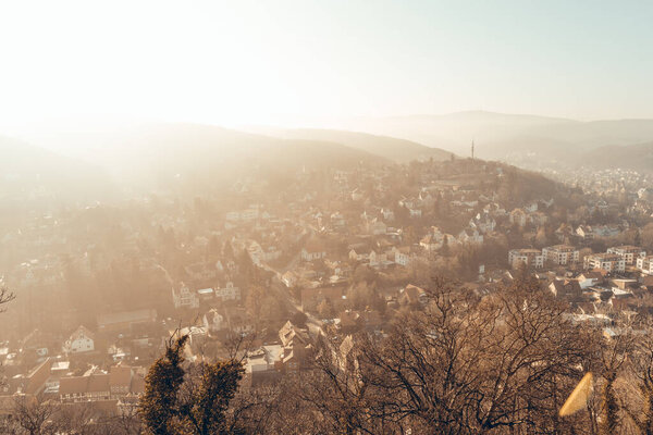 Fog and magical sunset over the old town Wernigerode