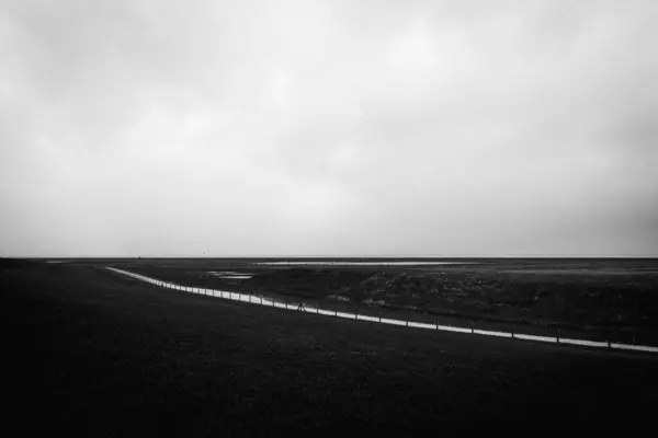 道路穿过田野的黑白照片 — 图库照片