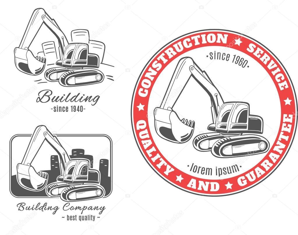 Set of vector construction, building logos, labels with excavator.