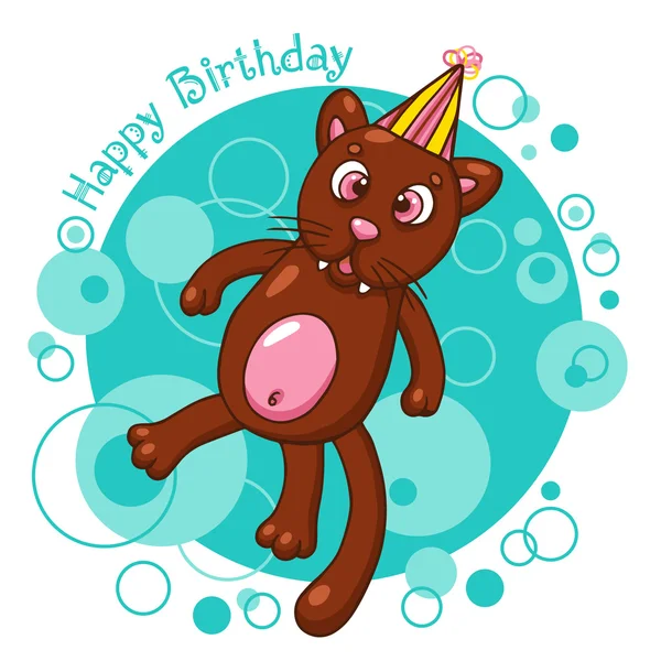 Cartão de aniversário feliz com gato — Vetor de Stock