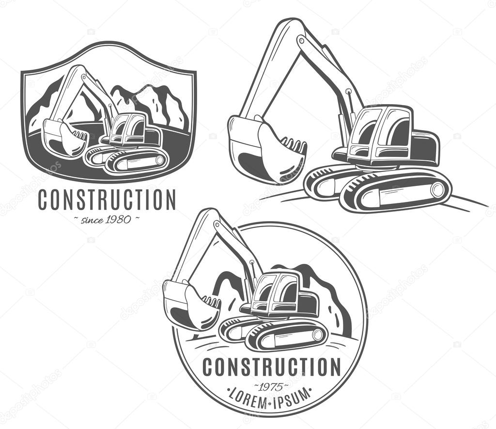 Set of vector construction, building logos, labels with excavator.