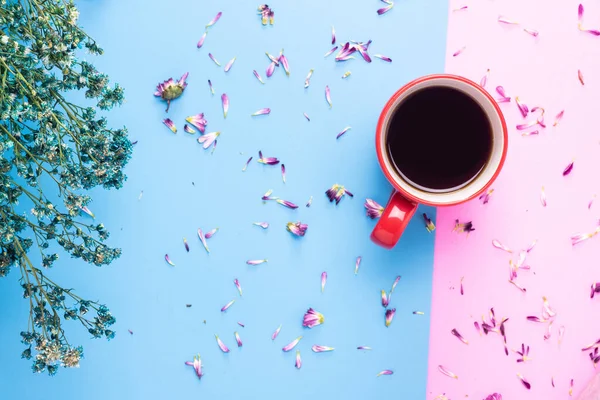 Tasse Kaffee Fflower Pastel Ton Blau Rosa Hintergrund — Stockfoto