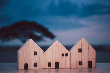 Yeşil çimenler üzerindeki ahşabı kapat. Yatırım sigortası ve gün batımında ev satın alma konsepti.