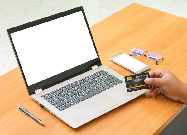 Mockup Hand Mobile Phone Labtop Credit Card Business Wooden Background — Stock Photo, Image