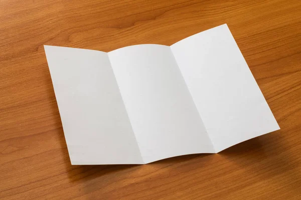Mockup White Opened Three Fold Brochure Business Wooden Background — Stock Photo, Image