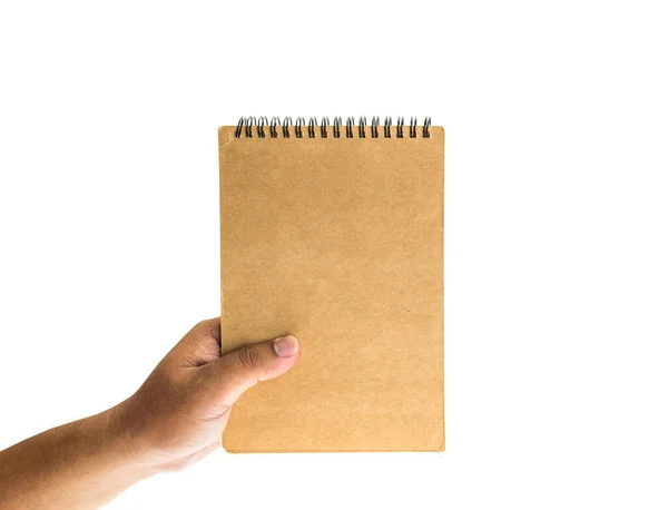 Mão Segurando Notebook Fundo Branco — Fotografia de Stock