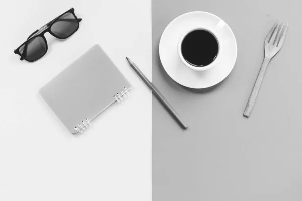 Top View Black Coffee Cup Sunglasses Notebook Pen Fork — Stockfoto