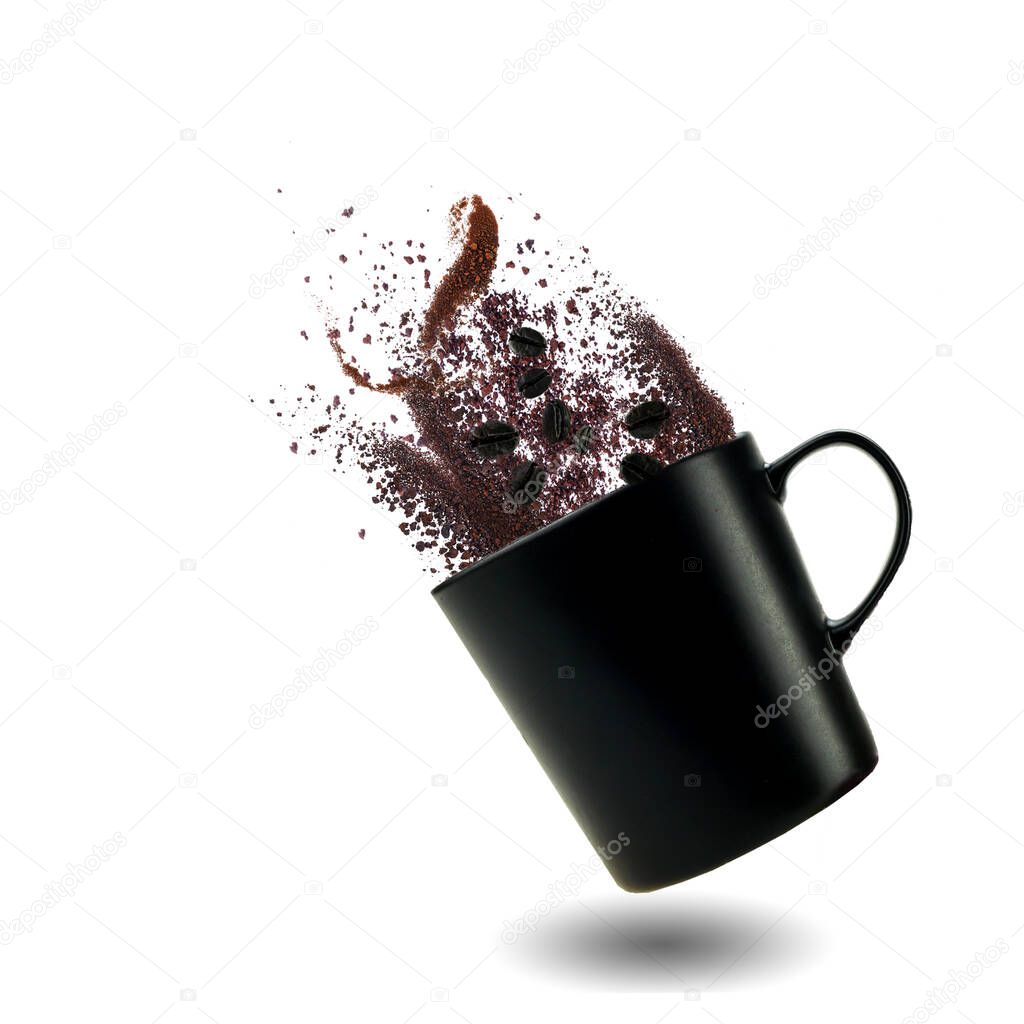 Coffee or chocolate powder and beans in cup ted on white background