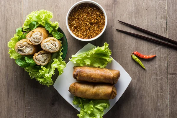 Spring Roll Dish Wood Background — Stock Photo, Image