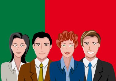 Portekizce bayrağı önünde insanlar