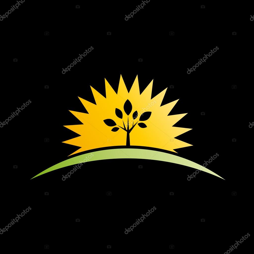 Vector sign sun and tree on black background