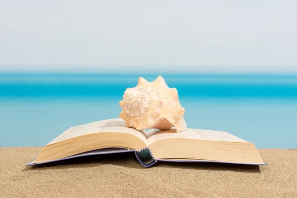 Βιβλίο πάνω στην άμμο, χαλαρώστε στην παραλία — Φωτογραφία Αρχείου
