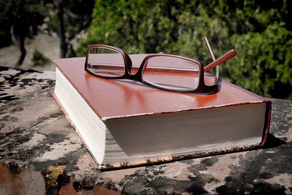 Könyv és a szemüveg a falon szabadban — Stock Fotó