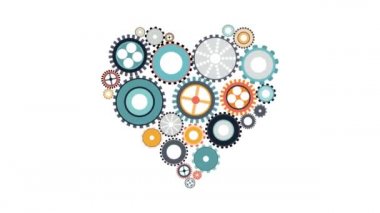 Kalbin içinde dönen dişliler. Mükemmel makine konsepti. 2 boyutlu animasyon. Kamera görüntüsü 4k