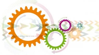 Dönen dişlilerin üzerinde akan ok akıntısı. 2 boyutlu animasyon. Görüntü döngüsü 4k