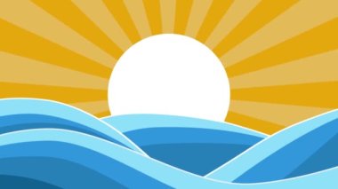 Güneş ışınları ve deniz dalgalarıyla soyut gökyüzü. Çizgi film; 2D animasyon. Kamera görüntüsü 4k