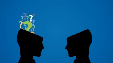 Sorular ve cevaplar insan kafasının içine ve dışına gider. Şüphe ve kesinlik kavramı. Faq. 2 boyutlu animasyon. Kamera görüntüsü 4k