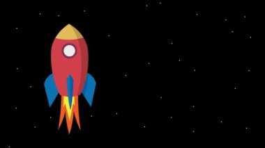 Siyah gökyüzünün arka planında yıldızlarla uçan soyut bir roket. Çizgi film, 2D animasyon. Kamera görüntüsü 4k