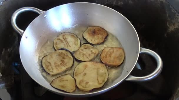 Fried Eggplant Typical Sicilian Food Eggplant Fries Oil Rustic Skillet — Stock Video
