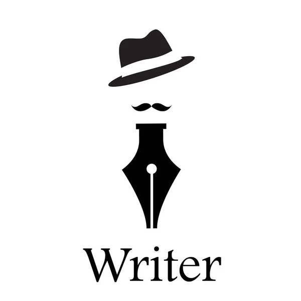 Logo Vectorial Periodista Estilográfica Escritor Con Bigote Sombrero — Vector de stock