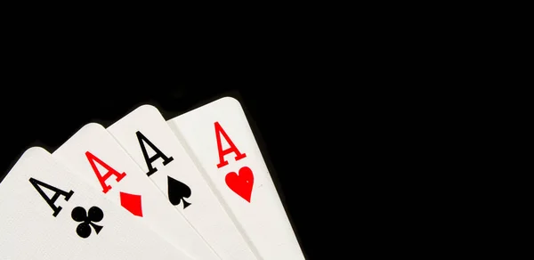 Połączenie Gry Karty Poker Kasyno Cztery Asy Czarnym Tle — Zdjęcie stockowe