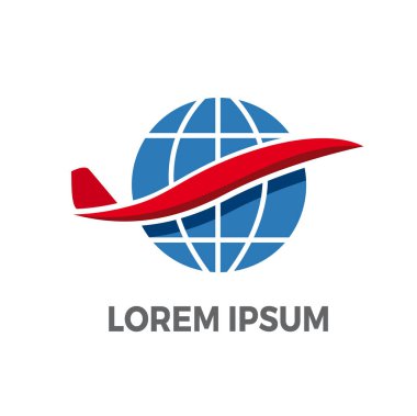 Dünya üzerinde uçan bir uçak. Hava teslimatı ve seyahat rotası. Vektör logosu 