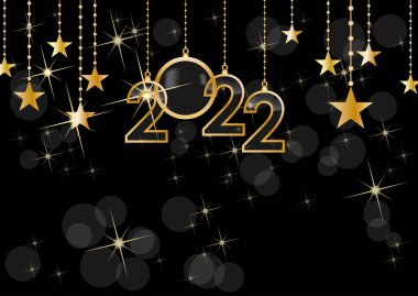 2022 Mutlu Yıllar, bayram tebrikleri, vektör altın asma metni ve siyah arkaplan içeren yeni yıl kartı. 
