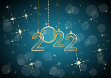 2022 Mutlu Yıllar, bayram kutlamaları kartı, vektör altın asılı metin, mavi arkaplan 