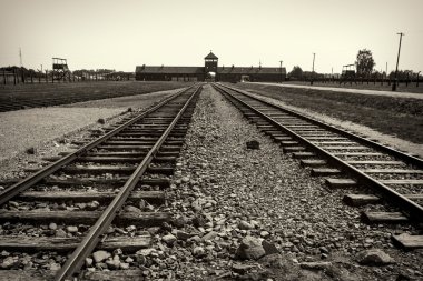 Ana kapı ve nazi toplama kampı Auschwitz b demiryollarına
