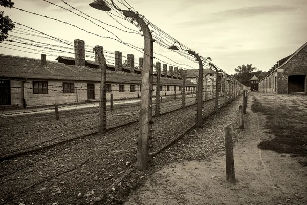 Recinzione elettrica nel campo di concentramento nazista Auschwitz I, Polonia — Foto Stock