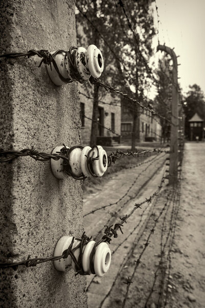 Electric fence in Nazi concentration camp Auschwitz I, Poland