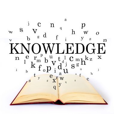 Knowledge, word on the book with letters flying