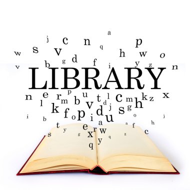 Library, word on the book with letters flying