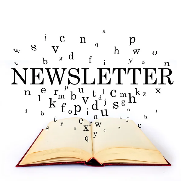 Newsletter, notizie sul libro con lettere volanti — Foto Stock