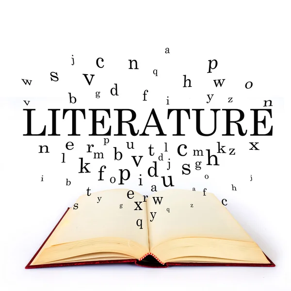 Literature, word on the book with letters flying — Stock Photo, Image